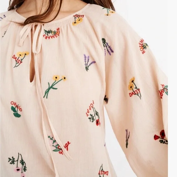 SALE! Madewell Botanical Embroidered Gauzy Cotton Tie-Neck Peasant Top Small - Picture 3 of 11